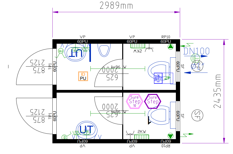 WC-Container, 3 m; h = 2,8 m, 1 x Damen / 1 x Herren, blau RAL 5010