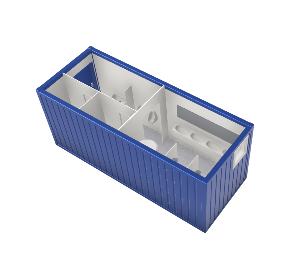 Sanitärcontainer, 6 m; h = 2,8 m, blau RAL 5010