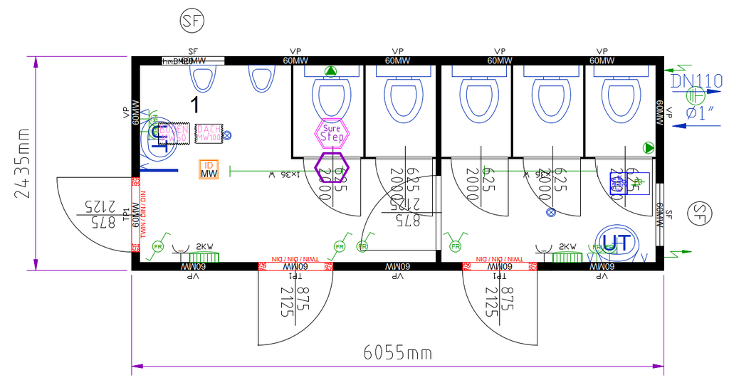 WC-Container, 6 m; h = 2,8 m, Damen / Herren, blau RAL 5010