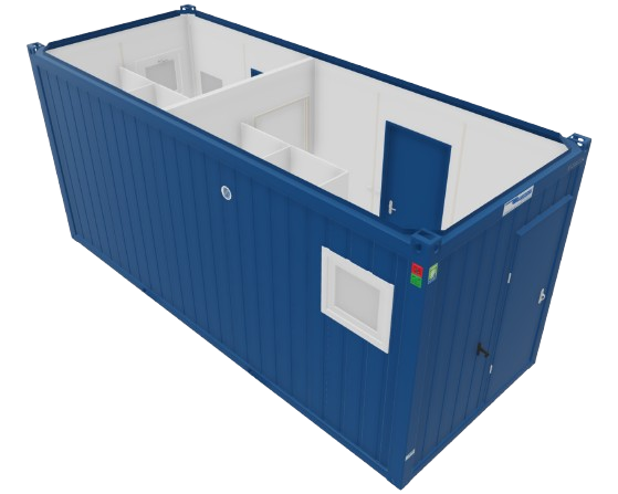 WC-Container, 6 m; h = 2,8 m, Damen / Herren, blau RAL 5010