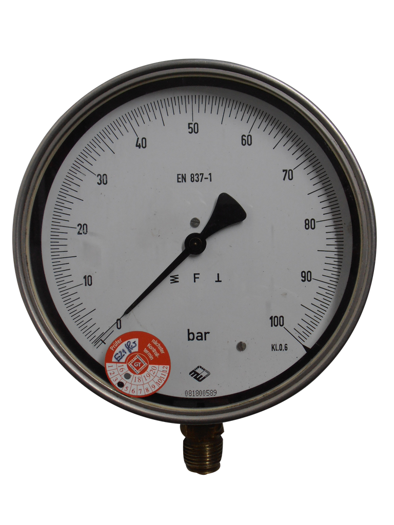 Feinmess-Manometer, 0 bis 100 bar, G 1/2" Messing, Kl. 0,6