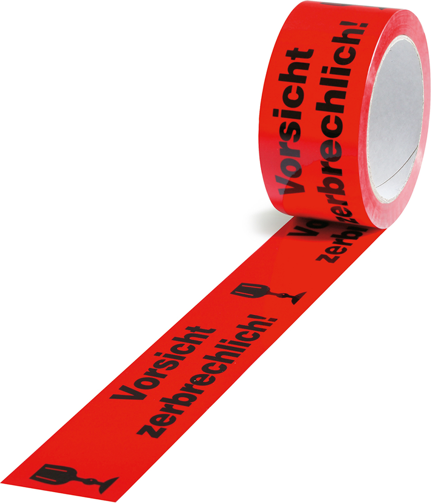 Warnklebeband, "Vorsicht zerbrechlich", rot 50 mm x 66 m