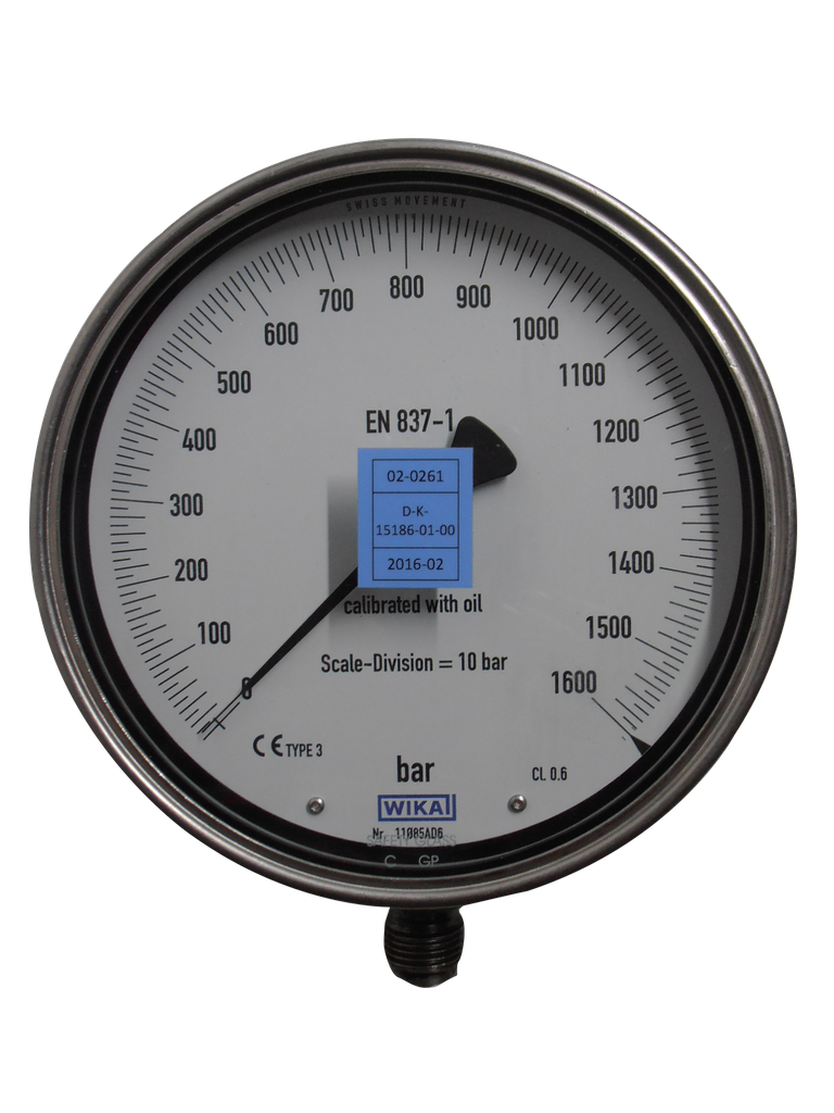 Feinmess-Manometer, 0 bis 1600 bar, G 1/2" Edelstahl, Kl. 0,6