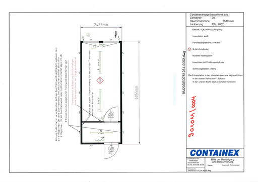 [301011/0004] Büro- / Mannschaftscontainer, 6 m; h = 2,8 m, m. Trennwand, weiß RAL 9002