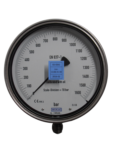 [361011/0054] Feinmess-Manometer, 0 bis 1600 bar, G 1/2" Edelstahl, Kl. 0,6